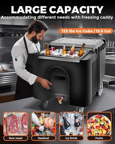 Pyy Ice Caddy Bin Commercial - Commercial Commercial Rolling Cooler Cart Beer Beverage stest على عجلات مع غطاء ومقبض للبار والمطعم والحفلة الخارجية والتموين ، ويحتوي على 125 رطلاً ، أسود in Kuwait