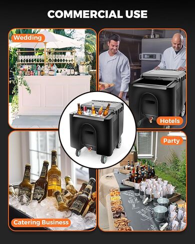 Pyy Ice Caddy Bin Commercial - Commercial Commercial Rolling Cooler Cart Beer Beverage stest على عجلات مع غطاء ومقبض للبار والمطعم والحفلة الخارجية والتموين ، ويحتوي على 125 رطلاً ، أسود in Kuwait