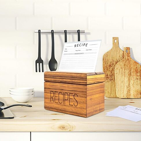 صندوق الوصفة المعيشة APACE مع 50 بطاقة وصفة مقسمات - مربع بطاقة وصف وصفة SAPELE WOOD 4X6 - حصريًا من The Premier Collection - يناسب 240 بطاقة in Kuwait
