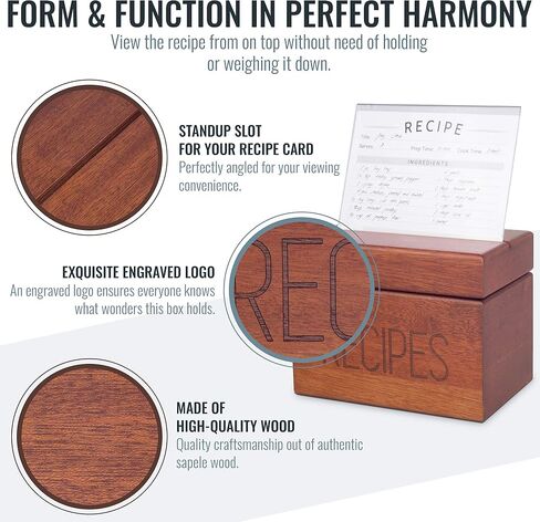 صندوق الوصفة المعيشة APACE مع 50 بطاقة وصفة مقسمات - مربع بطاقة وصف وصفة SAPELE WOOD 4X6 - حصريًا من The Premier Collection - يناسب 240 بطاقة in Kuwait