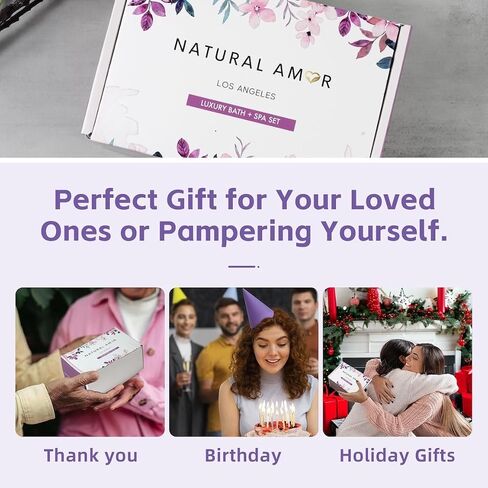 مجموعة هدايا سبا مصنوعة يدويًا من Natural Amor، صندوق هدايا للاسترخاء مكون من 5 قطع للنساء، بما في ذلك قالب صابون اللافندر المصنوع يدويًا، وقناع الطين الطبيعي، وشمعة الصويا، وملح الاستحمام in Kuwait