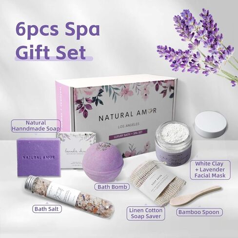 مجموعة هدايا سبا مصنوعة يدويًا من Natural Amor، صندوق هدايا للاسترخاء مكون من 5 قطع للنساء، بما في ذلك قالب صابون اللافندر المصنوع يدويًا، وقناع الطين الطبيعي، وشمعة الصويا، وملح الاستحمام in Kuwait