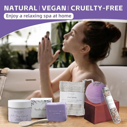 مجموعة هدايا سبا مصنوعة يدويًا من Natural Amor، صندوق هدايا للاسترخاء مكون من 5 قطع للنساء، بما في ذلك قالب صابون اللافندر المصنوع يدويًا، وقناع الطين الطبيعي، وشمعة الصويا، وملح الاستحمام in Kuwait