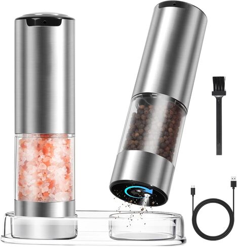 Electric Salt and Pepper Grinder Set - Rechargeable Battery Operated, Automatic with Gravity Sensor, Adjustable Coarseness, Stainless Steel with Ceramic Grinder, LED Light in Saudi Arabia