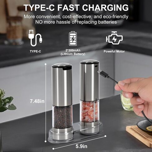Electric Salt and Pepper Grinder Set - Rechargeable Battery Operated, Automatic with Gravity Sensor, Adjustable Coarseness, Stainless Steel with Ceramic Grinder, LED Light in Saudi Arabia