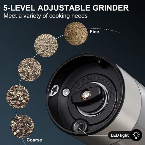 Electric Salt and Pepper Grinder Set - Rechargeable Battery Operated, Automatic with Gravity Sensor, Adjustable Coarseness, Stainless Steel with Ceramic Grinder, LED Light in Saudi Arabia