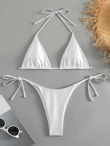 Makemechic Women's Satin Bikini مجموعة الرسن المثلث ربطة عنق ثونغ بدلة السباحة in Saudi Arabia