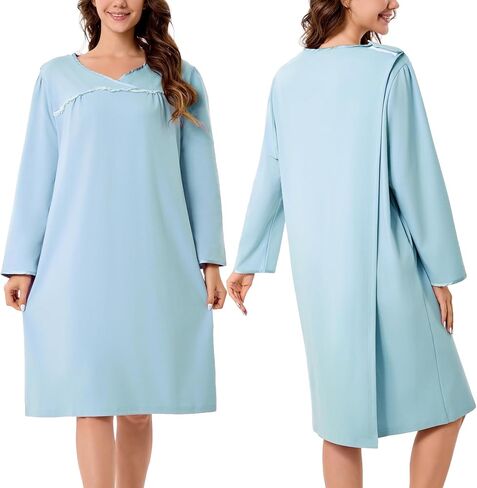 ثياب مستشفى Voeeron للنساء تمزيقها بعيدا المفتوح الظهر الأكمام طويلة الأكمام ثوب المريض لينة التكيفية مع جيوب in Kuwait