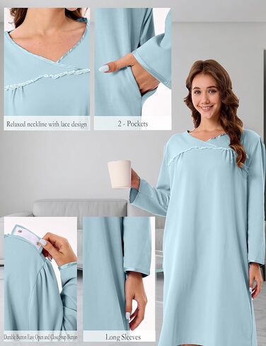 ثياب مستشفى Voeeron للنساء تمزيقها بعيدا المفتوح الظهر الأكمام طويلة الأكمام ثوب المريض لينة التكيفية مع جيوب in Kuwait