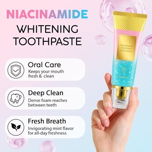 Niacinamide تبييض معجون الأسنان 2Pack-رعاية اللثة تقوية ، مينا الأسنان ، منع التجاويف ، التنفس الطازج ، اللطيف وغير الشاحن ، خالي من الفلورايد in Kuwait