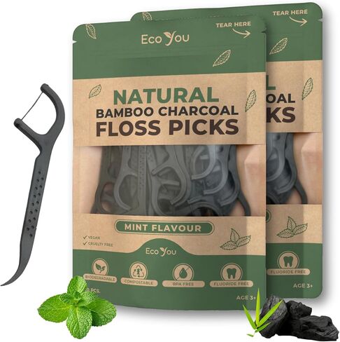 Biodegradable Floss Picks | 100 Count (2 Pack) | Mint Flavor, Candililla Wax | Sustainable & Reusable | Vegan & Cruelty-Free | Bamboo Floss Picks, Bamboo Toothpicks in Kuwait