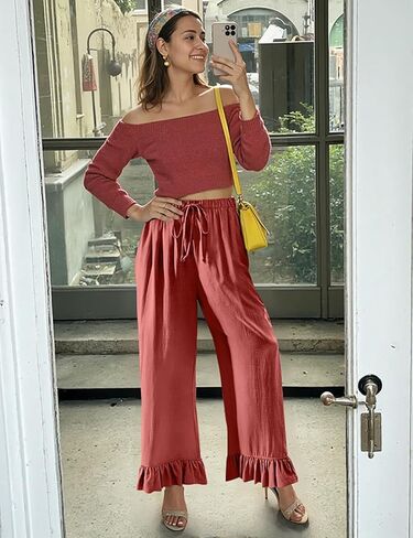 سراويل تافهة للنساء النسائي غير الرسمي ساق الساق واسعة الساق الساقين الكشكش حريم القصر مع جيوب in Kuwait