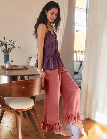 سراويل تافهة للنساء النسائي غير الرسمي ساق الساق واسعة الساق الساقين الكشكش حريم القصر مع جيوب in Kuwait