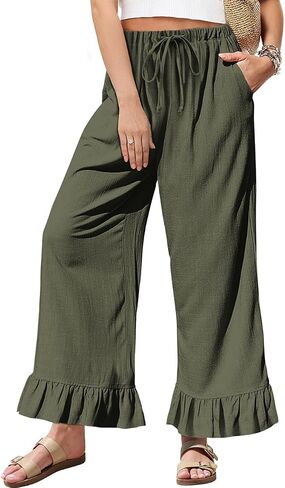 TARSE Women’s Linen Casual Pants Flared Leg Wide Leg Drawstring Ruffle Harem Palazzo Pants with Pockets in Saudi Arabia