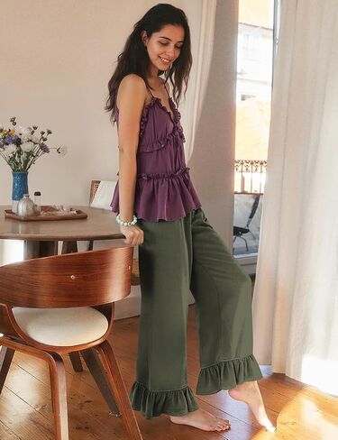 TARSE Women’s Linen Casual Pants Flared Leg Wide Leg Drawstring Ruffle Harem Palazzo Pants with Pockets in Saudi Arabia