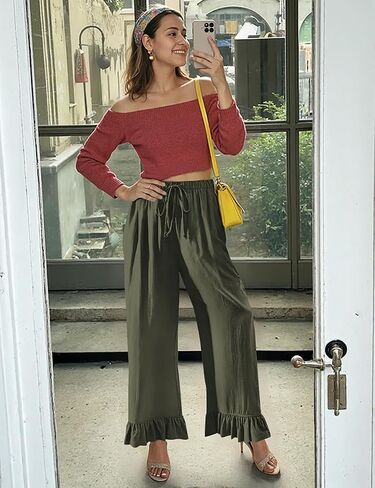 TARSE Women’s Linen Casual Pants Flared Leg Wide Leg Drawstring Ruffle Harem Palazzo Pants with Pockets in Saudi Arabia