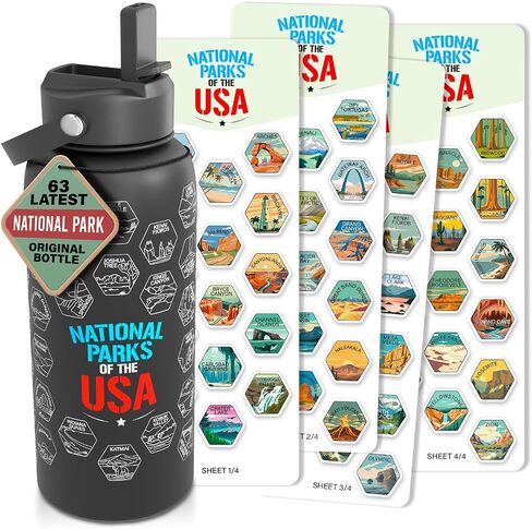 National Parks Water Bottle With Waterproof Stickers Wrap Around- Stainless Steel Insulated Vacuum Sealed 32 oz With Leak Proof Lid (National Park BLACK V2) in Saudi Arabia