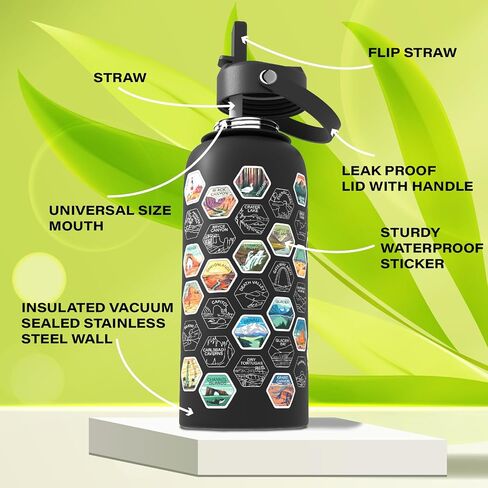 National Parks Water Bottle With Waterproof Stickers Wrap Around- Stainless Steel Insulated Vacuum Sealed 32 oz With Leak Proof Lid (National Park BLACK V2) in Saudi Arabia