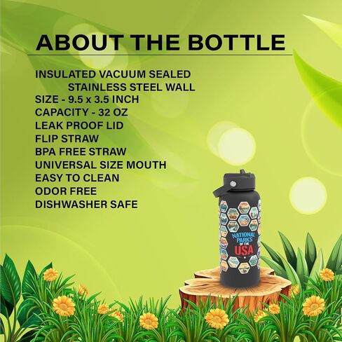 National Parks Water Bottle With Waterproof Stickers Wrap Around- Stainless Steel Insulated Vacuum Sealed 32 oz With Leak Proof Lid (National Park BLACK V2) in Saudi Arabia