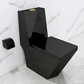 Winzo Square Square One Piece Evalet Black مع زر ذهبي للحمام الحديث والتصميم الأنيق على شكل الماس Elonagted Rectangle 17 "Bowl Comfort و Glossy Black in Kuwait