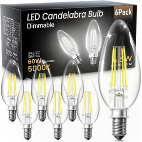 VOLIVO Dimmable E12 LED Candelabra Bulbs 60Watt Equivalent, 5000K Warm White, 500Lumens, 4.5W B11 Vintage Chandelier Light Bulbs, LED Filament Clear Glass Candle Lamp for Ceiling Fan Home, 12Pack in Saudi Arabia