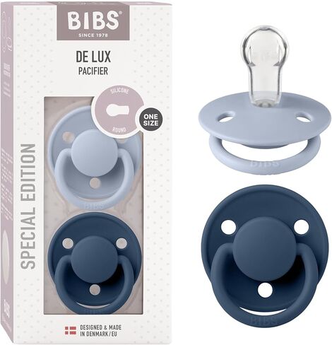 BIBS Pacifiers OneSize | 2-Pack Soothers | BPA-Free Symmetrical Nipple | Made in Denmark | Dusty Blue/Steel Blue De Lux Pacifier in Saudi Arabia