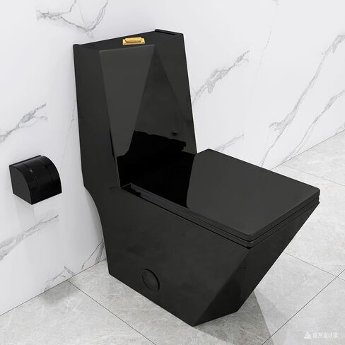 Winzo Square Square One Piece Evalet Black مع زر ذهبي للحمام الحديث والتصميم الأنيق على شكل الماس Elonagted Rectangle 17 "Bowl Comfort و Glossy Black in Kuwait