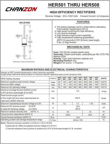 (حزمة من 20 قطعة) Chanzon HER508 عالية الكفاءة مقوم ديود 5A 1000V 50-70NS DO-201AD (DO-27) محوري 5 أمبير 1000 فولت الثنائيات الإلكترونية in Kuwait