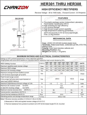 (حزمة من 20 قطعة) Chanzon HER508 عالية الكفاءة مقوم ديود 5A 1000V 50-70NS DO-201AD (DO-27) محوري 5 أمبير 1000 فولت الثنائيات الإلكترونية in Kuwait