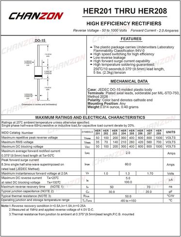 (حزمة من 20 قطعة) Chanzon HER508 عالية الكفاءة مقوم ديود 5A 1000V 50-70NS DO-201AD (DO-27) محوري 5 أمبير 1000 فولت الثنائيات الإلكترونية in Kuwait