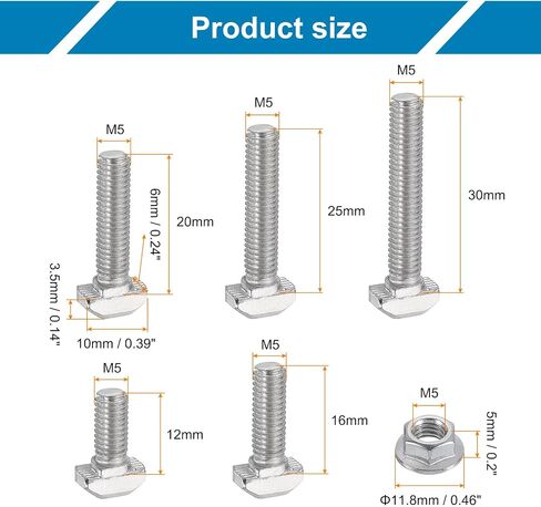 uxcell 80Pcs t Slot Drop-in Bolt, M5 x 12/16/20/25/30mm T-Slot Bolts Carbon Steel Hammer Head T-Bolt with Hexagon Flange Nut for Standard 2020 Series Aluminum Profile in Saudi Arabia
