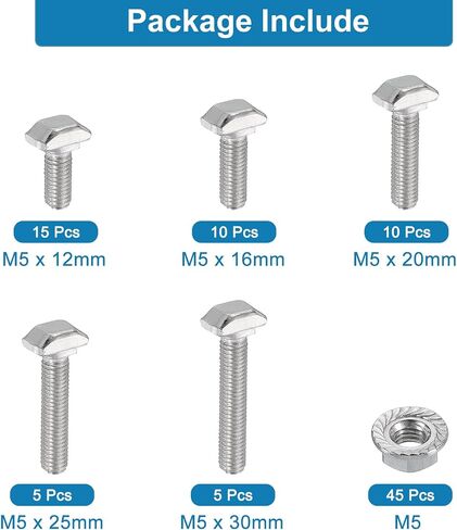 uxcell 80Pcs t Slot Drop-in Bolt, M5 x 12/16/20/25/30mm T-Slot Bolts Carbon Steel Hammer Head T-Bolt with Hexagon Flange Nut for Standard 2020 Series Aluminum Profile in Saudi Arabia