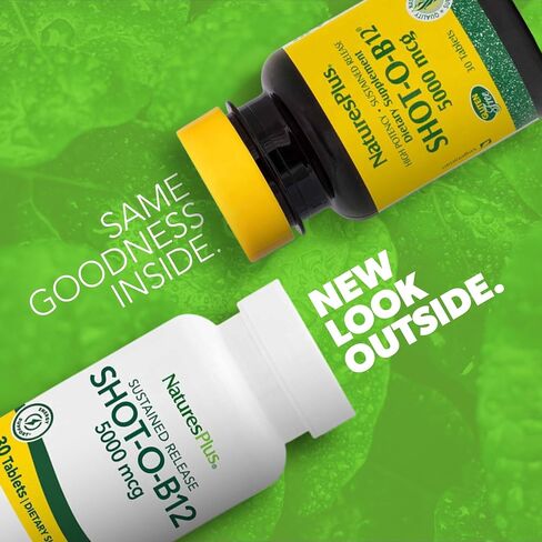 NaturesPlus Shot-O-B12 5000 ميكروجرام - 30 قرصًا مستدام الإصدار، عبوة من 2 - تدعم إنتاج الطاقة والمزاج - نباتي، خالي من الغلوتين - 60 وجبة إجمالية in Saudi Arabia
