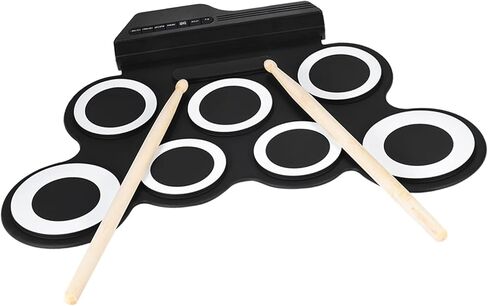 HUIOP 7 Pads Drum Set,Compact Size Portable Digital Electronic Roll Up Drum Set Kit 7 Silicon Drum Pads USB Powered with Drumsticks Foot Pedals 3.5mm Audio Cable for Practice Beginners, White in Saudi Arabia