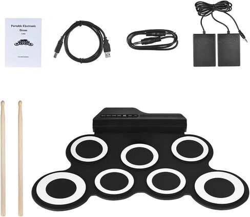 HUIOP 7 Pads Drum Set,Compact Size Portable Digital Electronic Roll Up Drum Set Kit 7 Silicon Drum Pads USB Powered with Drumsticks Foot Pedals 3.5mm Audio Cable for Practice Beginners, White in Saudi Arabia