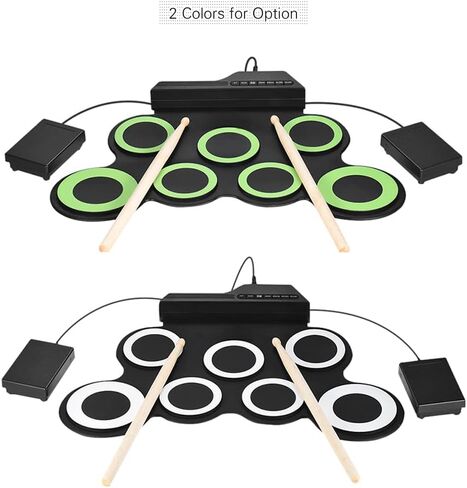 HUIOP 7 Pads Drum Set,Compact Size Portable Digital Electronic Roll Up Drum Set Kit 7 Silicon Drum Pads USB Powered with Drumsticks Foot Pedals 3.5mm Audio Cable for Practice Beginners, White in Saudi Arabia