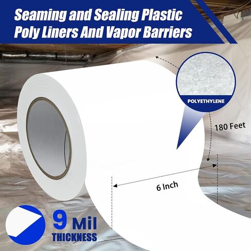 6 Roll, White Vapor Barrier Tape, 6" Wide x 180' Long, PE 9 mm Polyethylene Tape, for Crawlspaces, Underlayment Seams, Metal Building Seams, Excellent Air Barrier, Insulation Repairs in Saudi Arabia