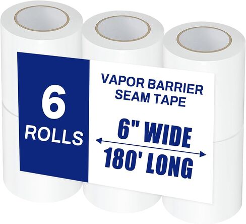 6 Roll, White Vapor Barrier Tape, 6" Wide x 180' Long, PE 9 mm Polyethylene Tape, for Crawlspaces, Underlayment Seams, Metal Building Seams, Excellent Air Barrier, Insulation Repairs in Saudi Arabia