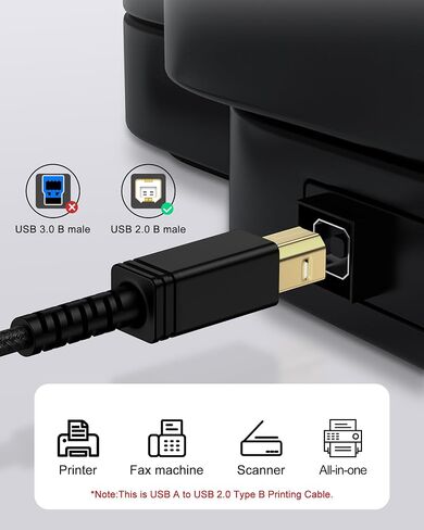 كابل طابعة USB 6 قدم ، USB 2.0 Type A Male to B Male Cable Scalner Coll for HP ، Canon ، Brother ، Dell ، Epson ، Lexmark ، Xerox to Computer/Lampy/PC ، USB 2.0 MIDI Cable للوحة المفاتيح ، البيانو الرقمي ، DAC in Kuwait