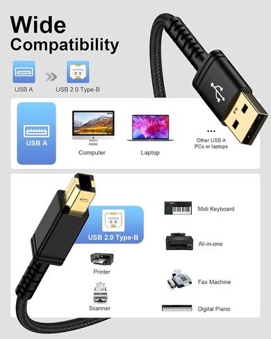 كابل طابعة USB 6 قدم ، USB 2.0 Type A Male to B Male Cable Scalner Coll for HP ، Canon ، Brother ، Dell ، Epson ، Lexmark ، Xerox to Computer/Lampy/PC ، USB 2.0 MIDI Cable للوحة المفاتيح ، البيانو الرقمي ، DAC in Kuwait