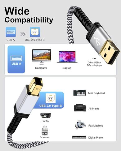 كابل طابعة USB 6 قدم ، USB 2.0 Type A Male to B Male Cable Scalner Coll for HP ، Canon ، Brother ، Dell ، Epson ، Lexmark ، Xerox to Computer/Lampy/PC ، USB 2.0 MIDI Cable للوحة المفاتيح ، البيانو الرقمي ، DAC in Kuwait