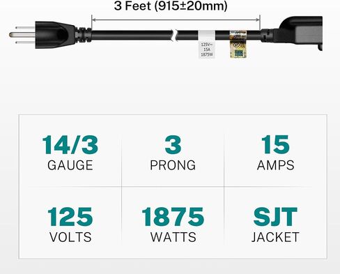 Pitvalerst 1875W سلك التمديد الثقيل 3 أقدام 14 AWG 15A أسود in Kuwait