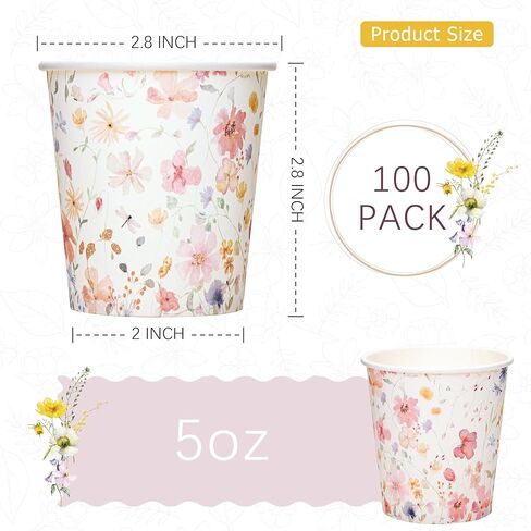 Crisky 100 Pack 5oz Paper Cups, Disposable Bathroom Cups, Elegant Design Floral Small Mouthwash Cup, Hot/Cold Beverage Coffee, Dessert Cup for Birthday Parties, Home-use, Picnics, Ceremonies in Saudi Arabia