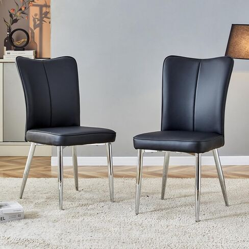Modern Minimalist Dining Chairs Set of 2, PU Leather Office Chairs, Ergonomic High Density Sponge Cushion, Waterproof Fabric, Easy Assembly for Restaurant, Living Room, Office(Black + Sliver) in Saudi Arabia