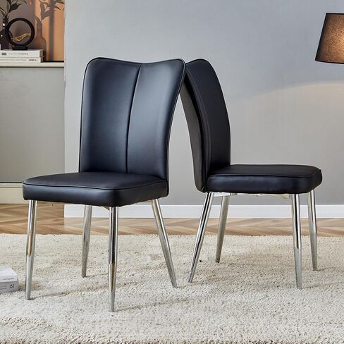 Modern Minimalist Dining Chairs Set of 2, PU Leather Office Chairs, Ergonomic High Density Sponge Cushion, Waterproof Fabric, Easy Assembly for Restaurant, Living Room, Office(Black + Sliver) in Saudi Arabia