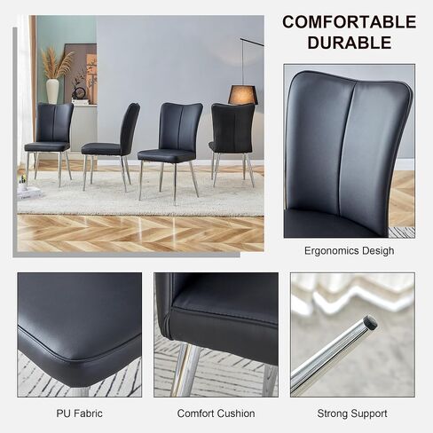 Modern Minimalist Dining Chairs Set of 2, PU Leather Office Chairs, Ergonomic High Density Sponge Cushion, Waterproof Fabric, Easy Assembly for Restaurant, Living Room, Office(Black + Sliver) in Saudi Arabia