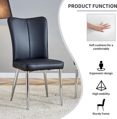 Modern Minimalist Dining Chairs Set of 2, PU Leather Office Chairs, Ergonomic High Density Sponge Cushion, Waterproof Fabric, Easy Assembly for Restaurant, Living Room, Office(Black + Sliver) in Saudi Arabia