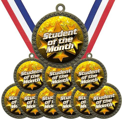 Express Medals كبيرة 2-1/2 بوصة قطرها المعدن الطالب الذهبي العتيقة من الشهر الفائز بجائزة جائزة Scholastic Star مع شرائط أبيض وأزرق عنق (حزمة 10) in Saudi Arabia