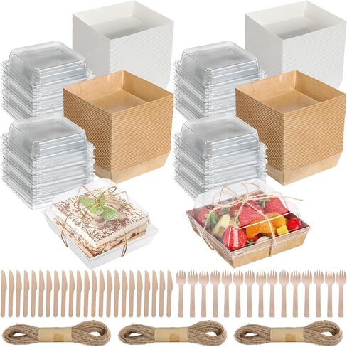 120 Pack Small Charcuterie Boxes with Clear Lids 5 Inch Paper Disposable Food Containers with Forks and Knives Bakery Boxes for Dessert Sandwich Cookie Cake Fruits Donut(White, Brown, Pink) in Saudi Arabia
