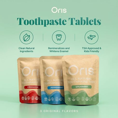 Oris Natural Toothpaste Tabs - Bite Toothpaste Tablets for Sensitive Teeth, TSA-Approved Plastic-Free & Kid-Friendly Zero Waste Travel Tabs - 62ct (Peppermint) in Saudi Arabia